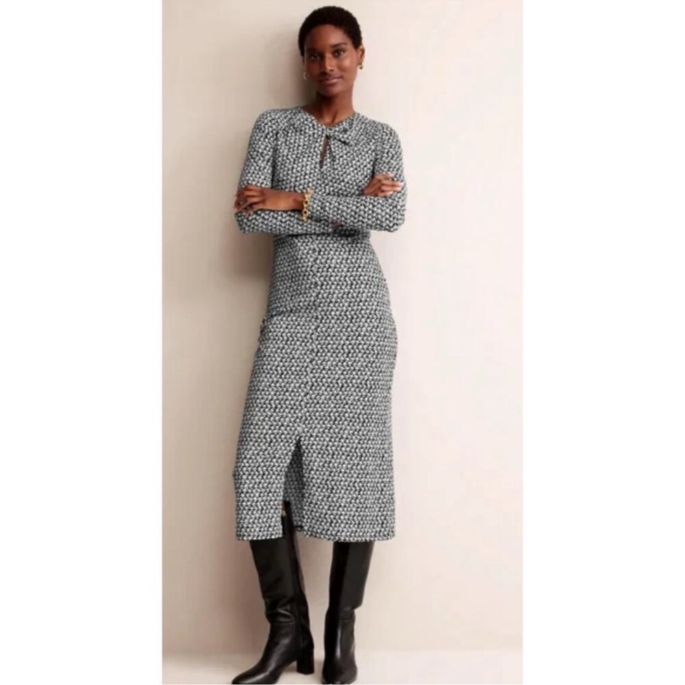 Boden Empire Knot Midi Jersey Dress Stretch Black Lily Sprig Long Sleeve 4R NWT